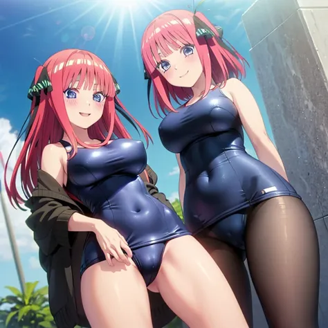 best quality, ultra-detailed masterpiece, anime art style, cute characters, nino nakano, one-piece swimsuit, large breasts, pantyhose, blush, smile, open legs