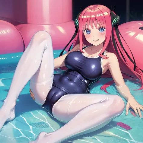 best quality, ultra-detailed masterpiece, anime art style, cute characters, nino nakano, one-piece swimsuit, large breasts, pantyhose, blush, smile, open legs