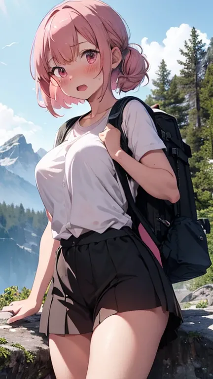 mastute piece,Best Quality,insanely detailed,8k cg,
shoot upper body,
1woman,18age,standing,body in front,looking at viewer,(mountain-climbing-wear,rucksack),break,
blush,shy,(trembling:1.2),pink hair,break,open mouth,large breast,camp-site,