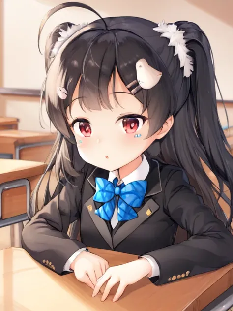 One girl,alone,Eldridge (Azur Lane),Facial blemishes,
Black jacket,Black Hair Clip,Both sides up,Blue bow tie,Pleated skirt,10 years old,
Sitting,On the table,
classroom,