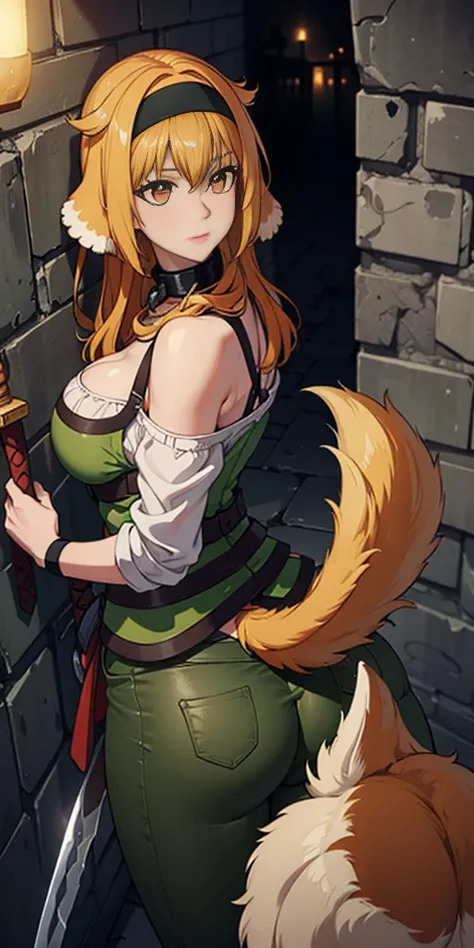 masterpiece, best quality, Roxanne, dog ears, black hairband, [[[green hairband]]], collar, off-shoulder shirt, cleavage, green vest, green pants, large breasts, holding sword, ((sword)), walking, looking back, (dog tail above butt), [[[focused]]], [[glari...