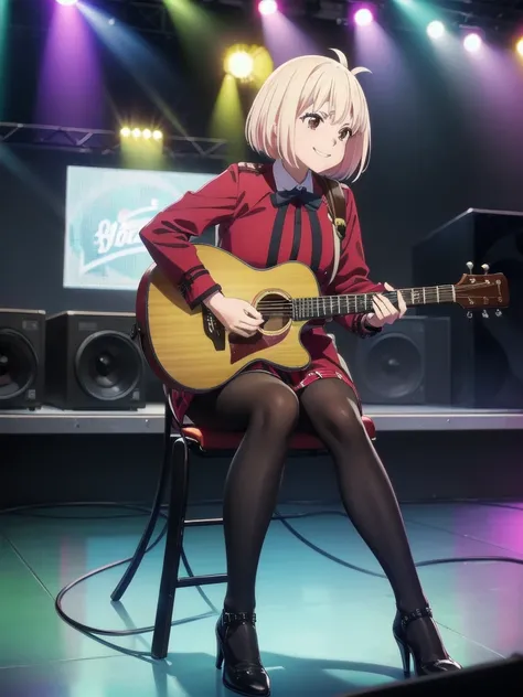 (((Pixel Perfect, Perfect detail))), (alone, 1 girl), Chisato Nishiki, Looking at the audience, (Concert, stage, singing), sitting chair, smile, full Body