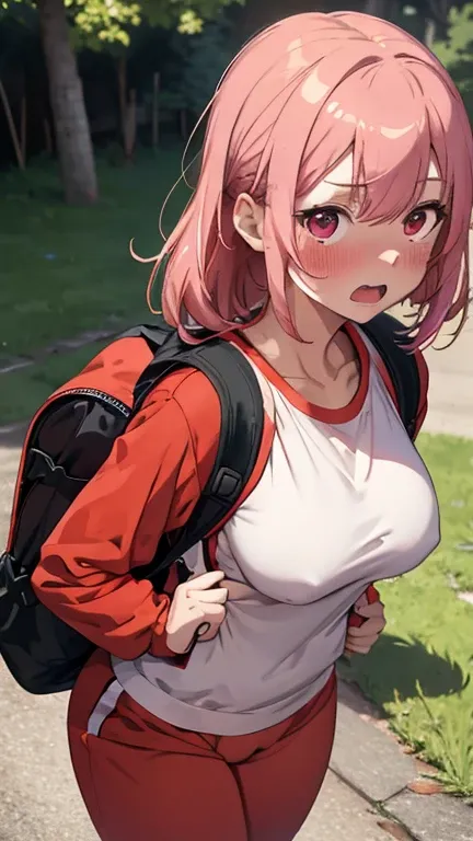 mastute piece,Best Quality,insanely detailed,8k cg,
shoot upper body,
1woman,18age,standing,body in front,looking at viewer,(red track-suit,rucksack),break,
blush,shy,(trembling:1.2),pink hair,break,open mouth,large breast,camp-site,