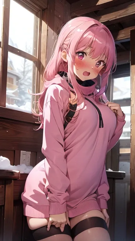 mastute piece,Best Quality,insanely detailed,8k cg,
shoot upper body,
1woman,18age,standing,body in front,looking at viewer,(pink ski-wear),break,
blush,shy,(trembling:1.2),pink hair,break,open mouth,large breast,ski-resart,ski-slope,snow,