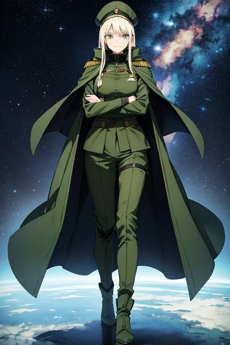 Anime Art、Full body portrait、Space SF General、A Russian woman, around 190cm tall, around 44 years old, wearing dark green body armor, standing upright with her arms crossed、A strong smile、Long platinum blonde hair、Dark green eyes、gloveilitary boots、Wearing...