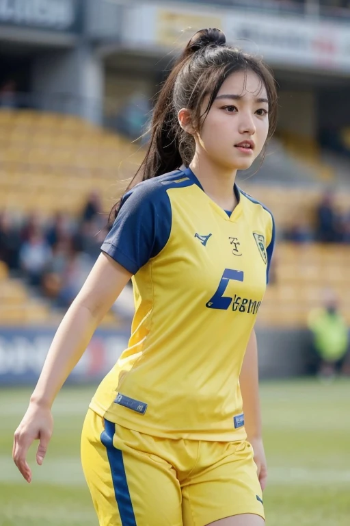 beautiful detail, best quality, 8k, highly detailed face and skin texture, high resolution, cute asian girl in yellow soccer uniform at stadium, sharp focus