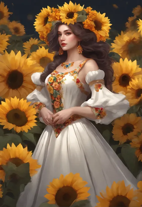 portrait,woman, flower dress, colorful, darl background,flower armor,white theme,dfdd,2d_animated,niji5,sunflowers