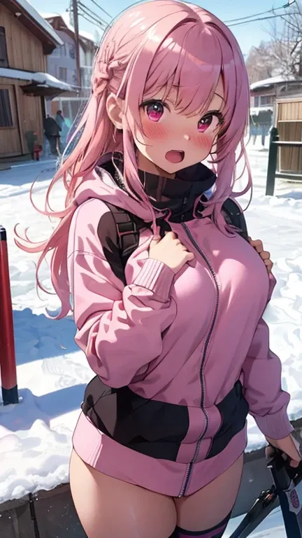 mastute piece,Best Quality,insanely detailed,8k cg,
shoot upper body,
1woman,18age,standing,body in front,looking at viewer,(pink snow-board-wear),break,
blush,shy,(trembling:1.2),pink hair,break,open mouth,large breast,ski-resart,ski-slope,snow,