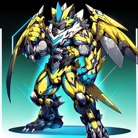 (Pokémon) Zeraoras giant robot.
Gigantic ZERAORA,
GIANT.
Protecting Zeraoras design and color scheme.

wears a black cloak on his back.

whole body shines like metal.
Wearing cyberpunk mecha, emphasizes the muscles.
He wears the same armor as himself from ...