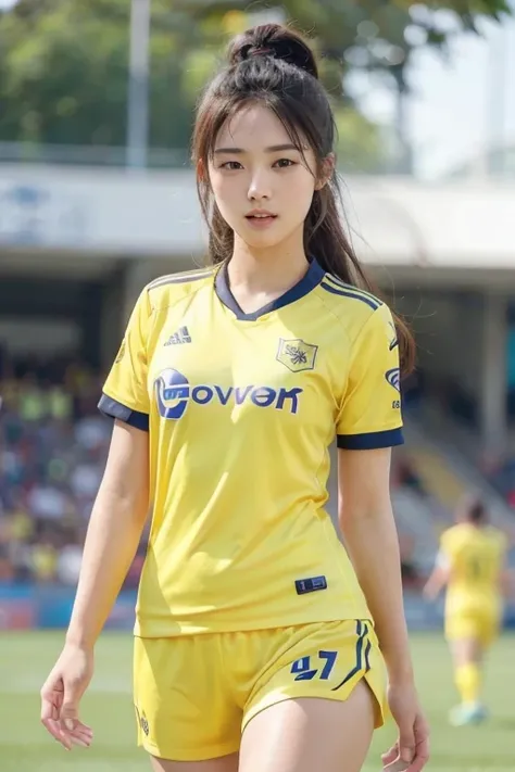 beautiful detail, best quality, 8k, highly detailed face and skin texture, high resolution, cute asian girl in yellow soccer uniform at stadium, sharp focus