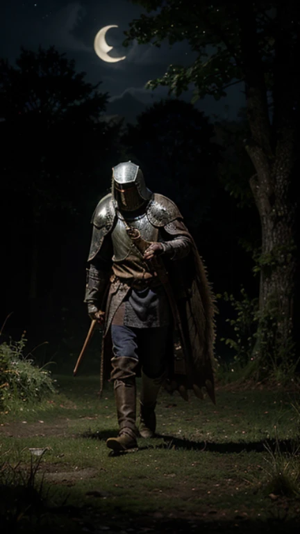 Fforest aat night, moonlight, Male medieval knight (ring mail), poor, ragged clothing, wet clothes (shield), (large owl flying)