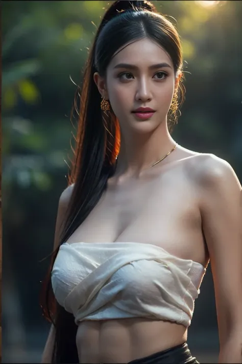 beautiful girl ,thai women&#39;s warriors, walking at thai measure, dynamic poses, thai chut set, strapless shirt, long ponytail...