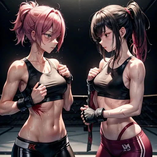 Covered in blood、Two beautiful female fighters covered in scars and in bad shape。fighting in the octagon。One-sided situation。Out of stamina。painful。Facial swelling。Bruised body。I&#39;m soaked in sweat。A ripped and tattered tank top and leggings、Open Finger...