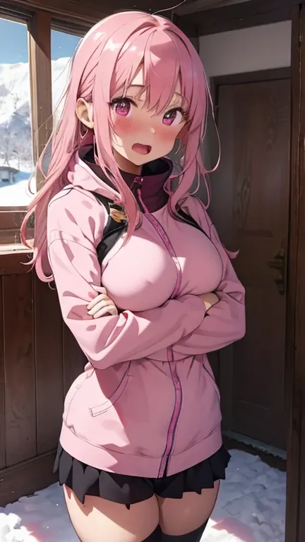 mastute piece,Best Quality,insanely detailed,8k cg,
shoot upper body,
1woman,18age,standing,body in front,looking at viewer,(pink ski-wear),break,
blush,shy,(trembling:1.2),pink hair,break,open mouth,large breast,ski-resart,ski-slope,snow,