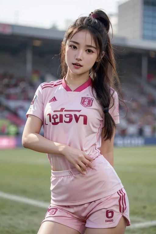 beautiful detail, best quality, 8k, highly detailed face and skin texture, high resolution, cute asian girl in pink soccer uniform at stadium, sharp focus