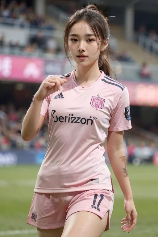 beautiful detail, best quality, 8k, highly detailed face and skin texture, high resolution, cute asian girl in pink soccer uniform at stadium, sharp focus