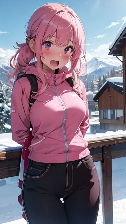 mastute piece,Best Quality,insanely detailed,8k cg,
shoot upper body,
1woman,18age,standing,body in front,looking at viewer,(pink ski-wear,pants),break,
blush,shy,(trembling:1.2),pink hair,break,open mouth,large breast,ski-resart,ski-slope,snow,