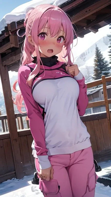 mastute piece,Best Quality,insanely detailed,8k cg,
shoot upper body,
1woman,18age,standing,body in front,looking at viewer,(pink ski-wear,pink pants),break,
blush,shy,(trembling:1.2),pink hair,break,open mouth,large breast,ski-resart,ski-slope,snow,