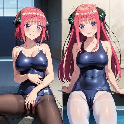 best quality, ultra-detailed masterpiece, anime art style, cute characters, nino nakano, one-piece swimsuit, large breasts, pantyhose, blush, smile, pussy focus