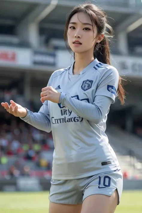 beautiful detail, best quality, 8k, highly detailed face and skin texture, high resolution, cute asian girl in grey soccer uniform at stadium, sharp focus