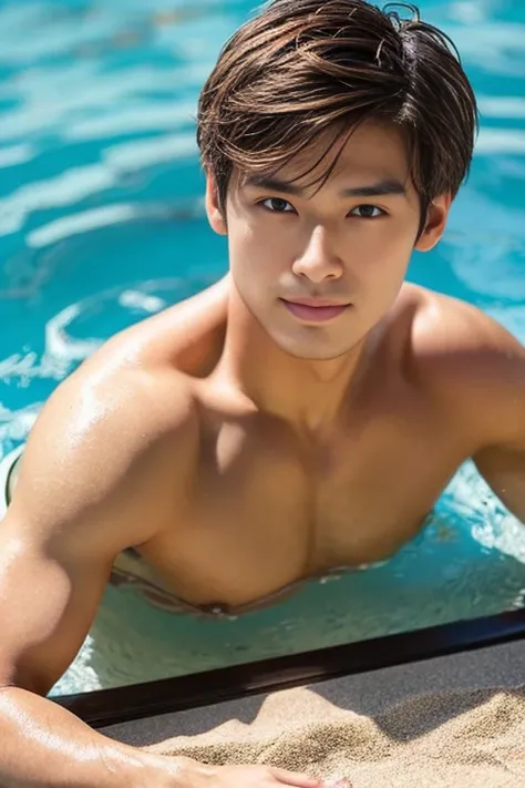 Handsome erotic man, japanese man,brown-haired, hair falls on your face, Mesmerizing brown eyes, sunbathing on the beach in swimming thong 