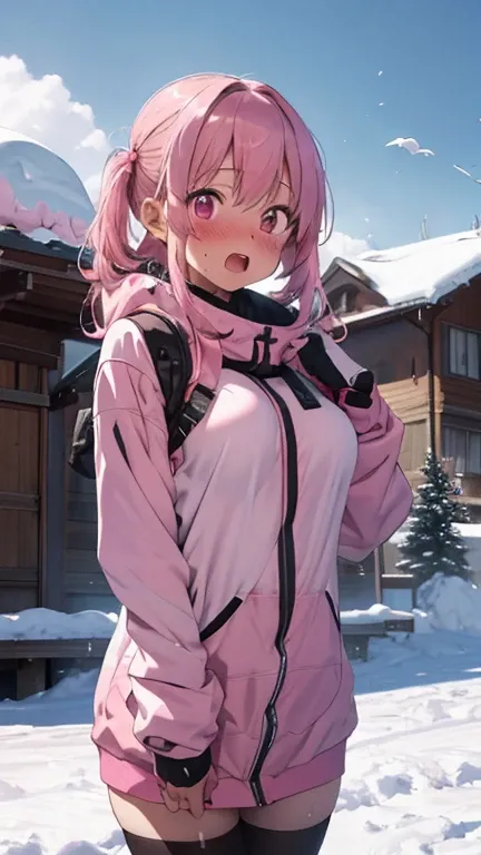 mastute piece,Best Quality,insanely detailed,8k cg,
shoot upper body,
1woman,18age,standing,body in front,looking at viewer,(pink snow-board-wear),break,
blush,shy,(trembling:1.2),pink hair,break,open mouth,large breast,ski-resart,ski-slope,snow,