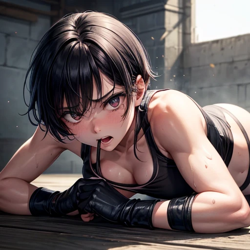 Beautiful female fighters. She is lying face down in the octagon. Out of breath with her mouth open. She looks exhausted. Wounded all over. They are very sweaty. Torn and tattered tank top and spats, open finger gloves. Erect pink nipples. Short-cut black ...