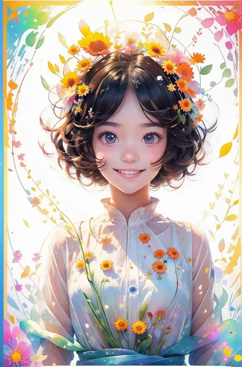 (masterpiece、highest quality、highest quality、Beautiful and beautiful:1.2)、(Good anatomy:1.5)、Calendula色ヘアの少女の絵、White cute costume、Adorable smile、Close your mouth、Sparkling Eyes、looking at the camera、put flowers and leaves on your head、Calendula