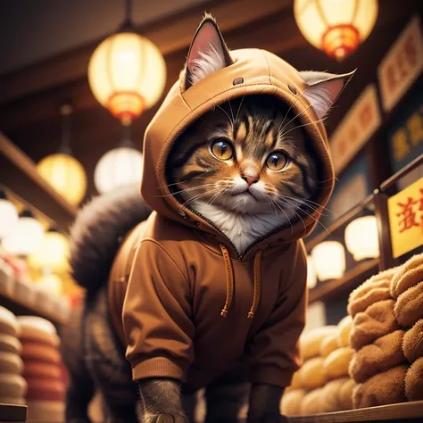 fluffy brown cat, highly detailed cat and fur, wearing a dark brown hoodie, roaming in the chinese market, highly detailed image...