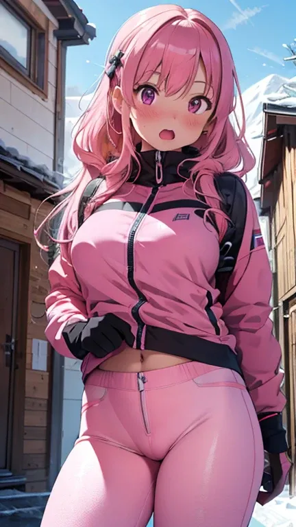 mastute piece,Best Quality,insanely detailed,8k cg,
shoot upper body,
1woman,18age,standing,body in front,looking at viewer,(pink ski-wear,pink pants,ski-poles,ski-board),break,
blush,shy,(trembling:1.2),pink hair,break,open mouth,large breast,ski-resart,s...