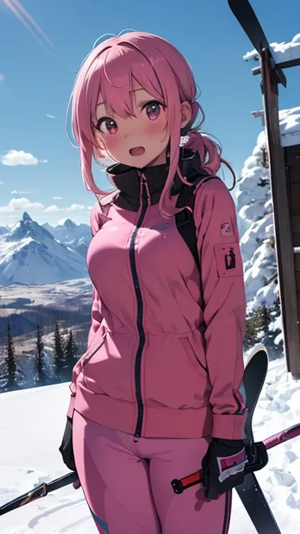 mastute piece,Best Quality,insanely detailed,8k cg,
shoot upper body,
1woman,18age,standing,body in front,looking at viewer,(pink ski-wear,pink pants,ski-poles,ski-board),break,
blush,shy,(trembling:1.2),pink hair,break,open mouth,large breast,ski-resart,s...