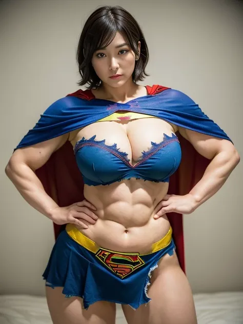 ((Great quality,Great quality,high quality, very beautiful,beautiful, 最high quality, Realistic)) ,{{{{Torn clothes}}}},((Tattered clothes)),(Hands on hips,Open Stance,Underarm,underboob),((Dressing up as Supergirl, Cape)),((stomach cutout)),Short Sideburns...