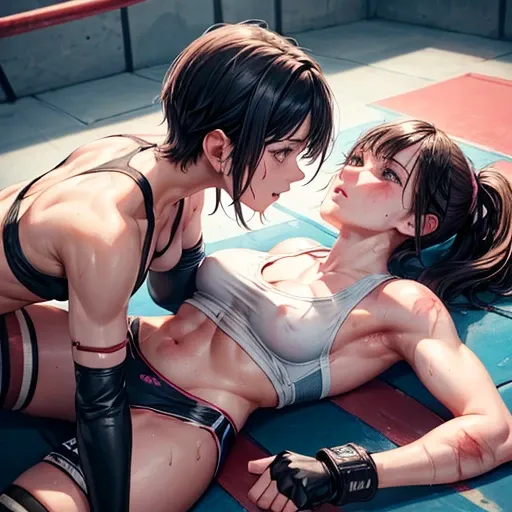 Battle royal between two beautiful female fighters. They are attacking an opponent lying face down in the octagon. Wounded all over. They are very sweaty. Torn and tattered tank top and spats, open finger gloves. Erect pink nipples. Short-cut black hair.