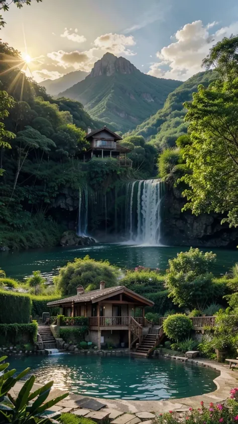 House in the jungle in front of the lake and waterfall nearby mountain with sun set and flowers 