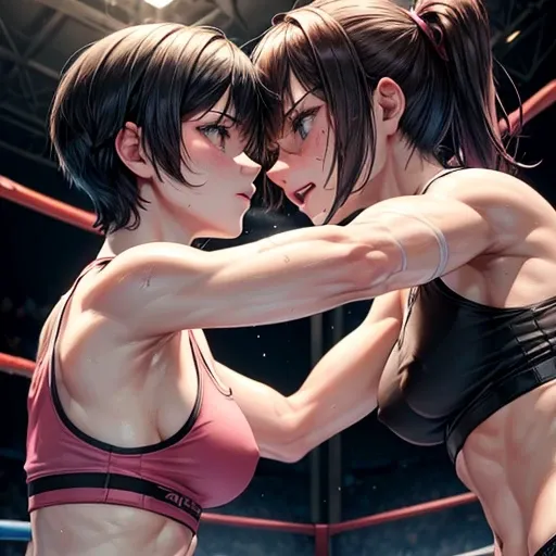 Battle royal between two beautiful female fighters. They are punching each other in the octagon. Wounded all over. They are very sweaty. Torn and tattered tank top and spats, open finger gloves. Erect pink nipples. Short-cut black hair.