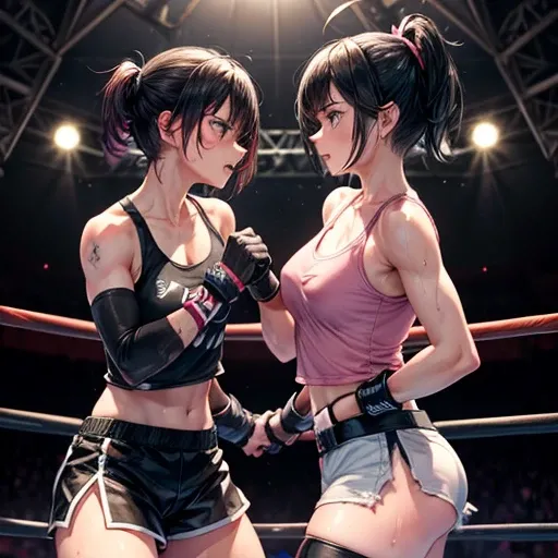 Battle royal between two beautiful female fighters. They are punching each other in the octagon. Wounded all over. They are very sweaty. Torn and tattered tank top and spats, open finger gloves. Erect pink nipples. Short-cut black hair.