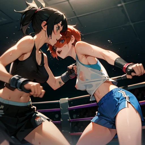 Two beautiful female fighters are punching each other in the octagon in a battle royal between two beautiful female fighters. Wounded all over. They are very sweaty. Torn and tattered tank top and spats, open finger gloves. Erect nipples. Short-cut black h...