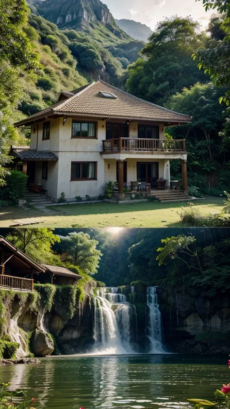 House in the jungle in front of the lake and waterfall nearby mountain with sun set and flowers 