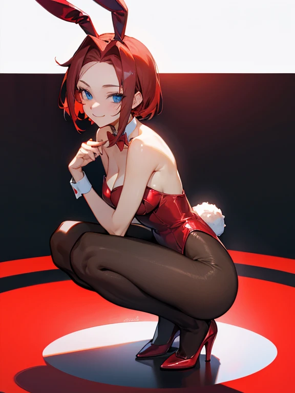 kallen stadtfeld, blue eyes, red hair, short hair, pantyhose, high heels, playboy bunny girl suit, bare shoulders, squatting, smile, highly detailed, HD