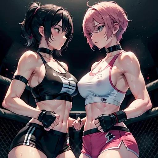 two beautiful female fighters, each slamming their fists into the other's body in the octagon, in a battle royal between two bea...