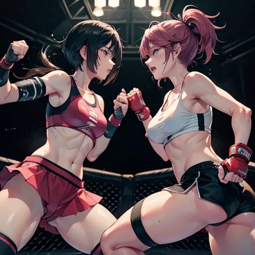 Two beautiful female fighters, each slamming their fists into the others body in the octagon, in a battle royal between two beautiful female fighters. Wounded all over. They are very sweaty. Torn and tattered tank top and spats, open finger gloves. Erect p...