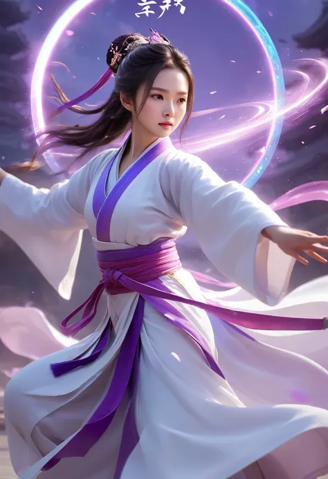 A beautiful Wuxia girl (beautiful face)、(((1 juvenile，full bodyesbian，tear-mole:)))full bodyesbian，Sharp eyes，Clear facial features，wearing a hanfu，White robe，Fighting，Strong dynamic posture，The body is surrounded by purple mist，Runes surround you，tai chi ...