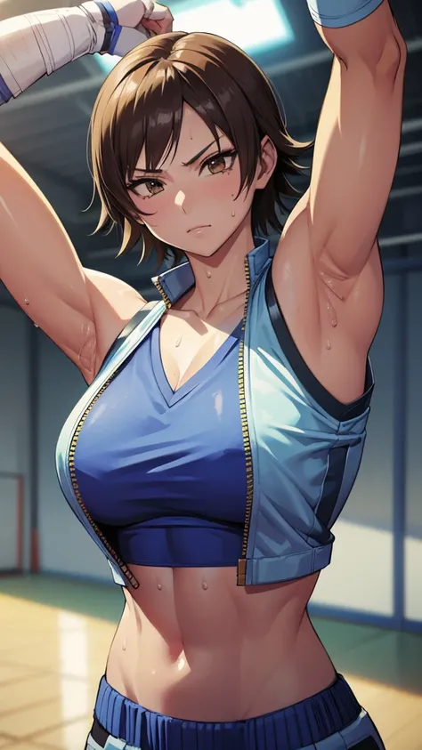 Asuka Kazama, Tekken, a close up of a person wearing a basketball uniform, a picture, inspired by Kentaro Miura, trending on pixiv, wearing yellow nba jersey, yellow croptop nba jersey, wearing a low cut croptop, wearing croptop, croptop, golden raito, (wi...