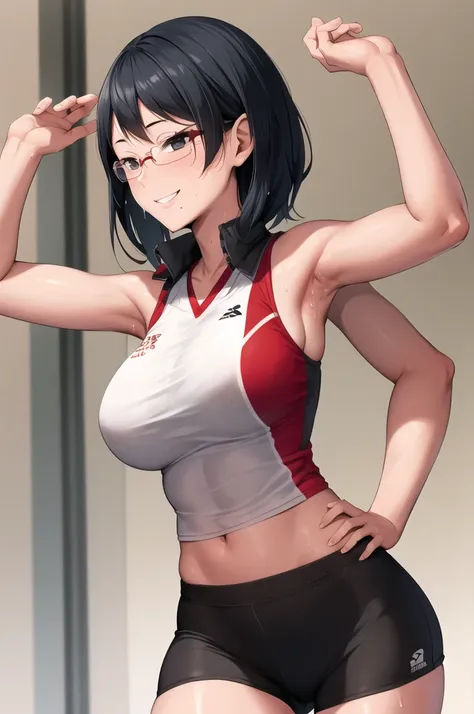 masterpiece, best quality, highres, aakiyoko, solo, short hair, black eyes, glasses, mole under mouth, volleyball uniform, standing, cowboy shot, smile, hand on hip, anime. skins, sweating, big breasts, both hands raised, armpits, armpits visible, dripping...