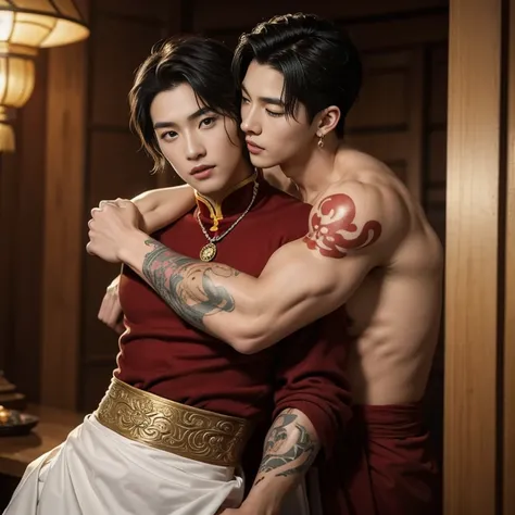 Two handsome boys kissing, smiling at each other,hugging, kissing, touching lips, cuddle, romantic,skin ship,i Chinese Men God, Mythology, realistic, Chinese odyssy, super Handsome,manly, kpop idol, handsome korean actor, 20 years old,, detailed face, manl...