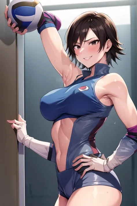 asuka kazama, masterpiece, best quality, highres, solo, short hair, black eyes, volleyball uniform, standing, cowboy shot, smile, hand on hip, anime. skins, sweating, big breasts, both hands raised, armpits, armpits visible, dripping with sweat, more more ...