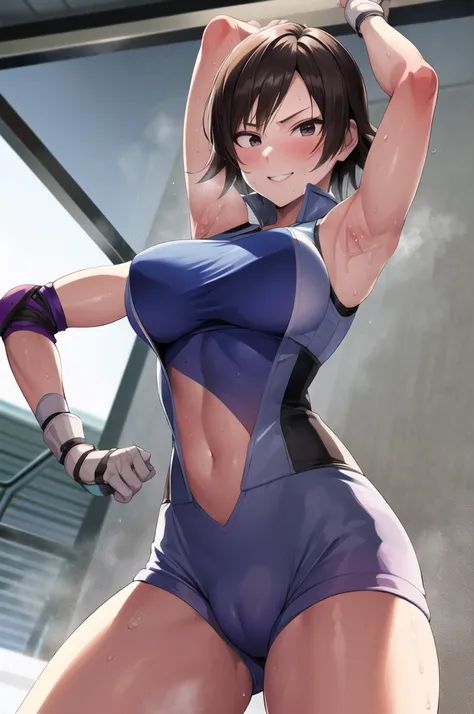 asuka kazama, masterpiece, best quality, highres, solo, short hair, black eyes, volleyball uniform, standing, cowboy shot, smile, hand on hip, anime. skins, sweating, big breasts, both hands raised, armpits, armpits visible, dripping with sweat, more more ...