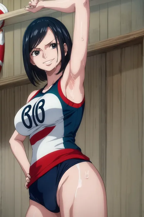 nico robin, masterpiece, best quality, highres, solo, short hair, black eyes, volleyball uniform, standing, cowboy shot, smile, hand on hip, anime. skins, sweating, big breasts, both hands raised, armpits, armpits visible, dripping with sweat, more more sw...