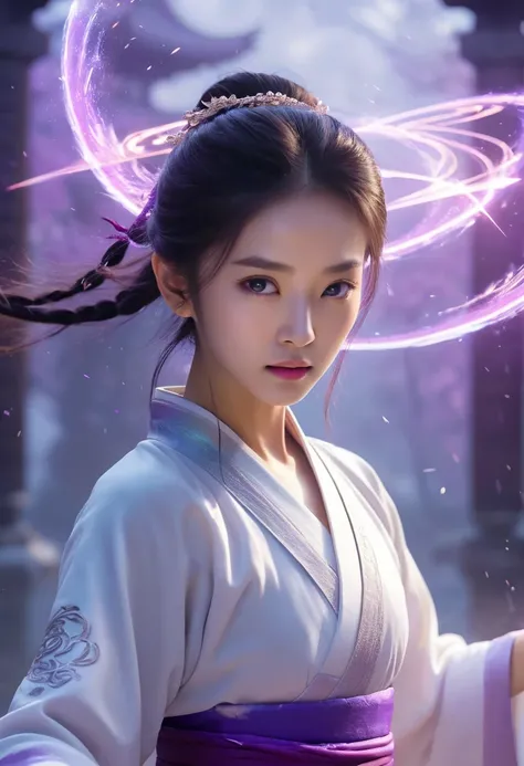 uhd, epic, cinematic still frame, sharp focus, A beautiful Wuxia girl (beautiful face)、(((1 juvenile，full bodyesbian，tear-mole:)))full bodyesbian，Sharp eyes，Clear facial features，wearing a lace hanfu，White robe，Fighting，Strong dynamic posture，The body is s...