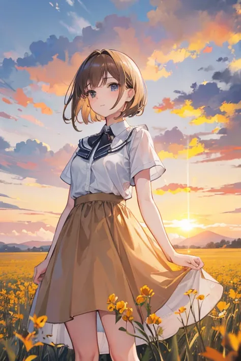 A 15yo girl standing in field,Light brown short bob hair,White blouse, closeup, portrait, clouds, sunrise